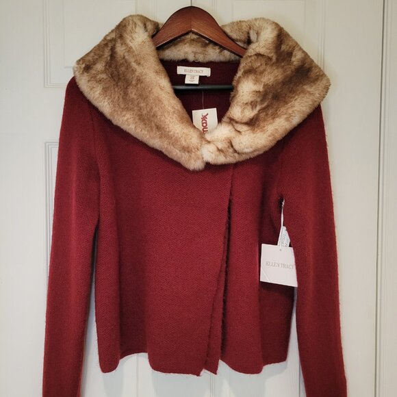 ELLEN TRACY Faux Fur Collar Cardigan NWT - Picture 2 of 10